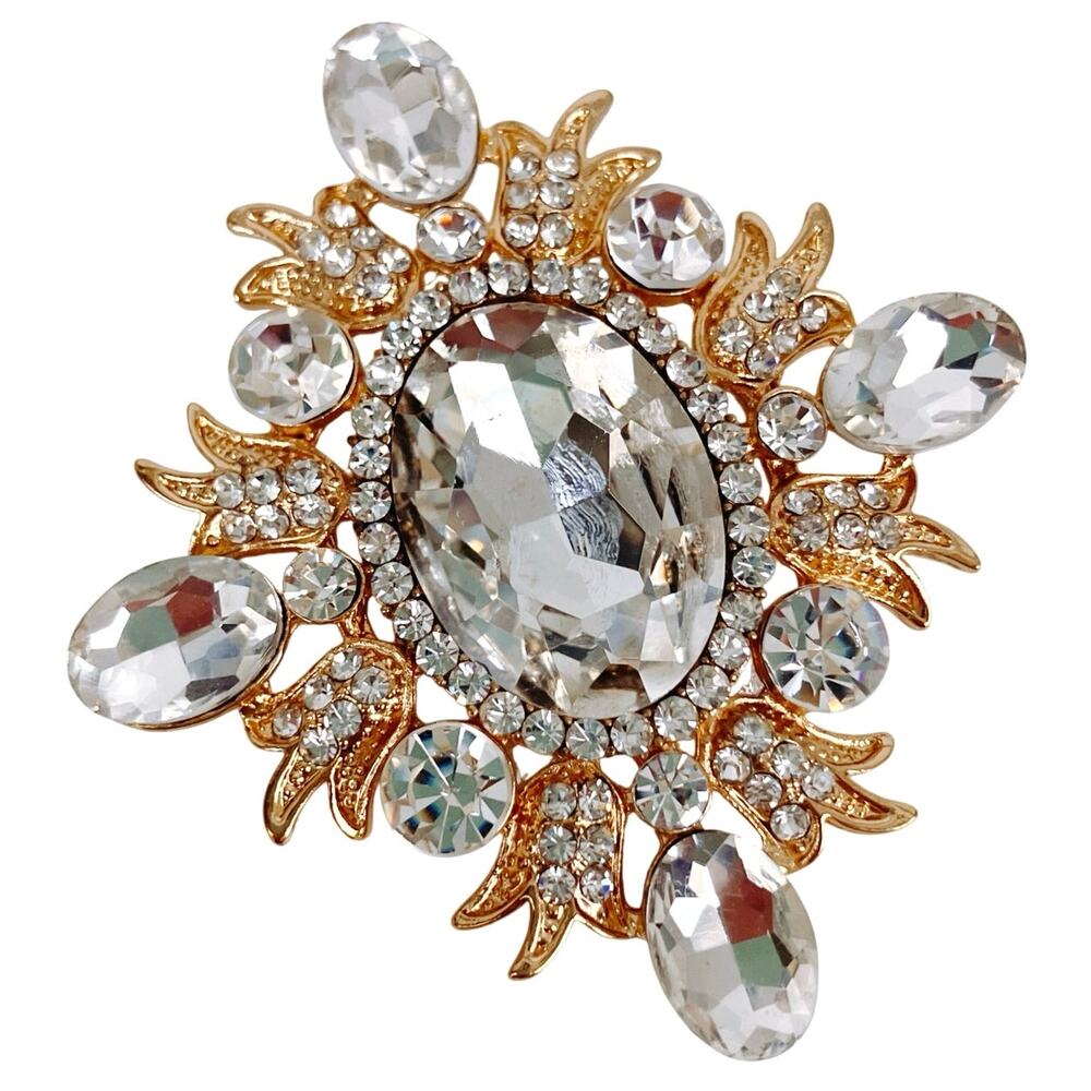 Vintage Gold Tone Rhinestone Sunburst Brooch 3" Hollywood Regency Pin 80s 90s